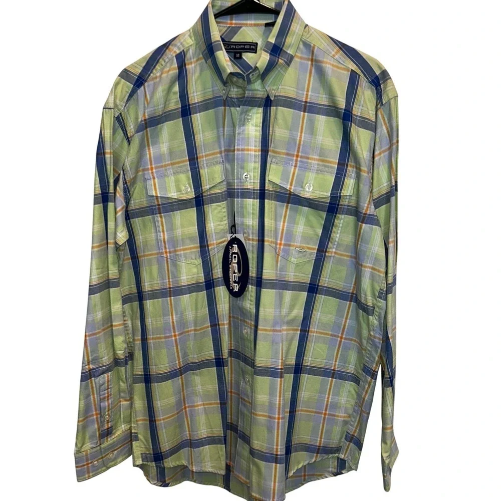 Roper Plaid Western Shirt Medium Men's Green Blue Long Sleeve Button Down NWT